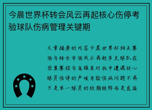 今晨世界杯转会风云再起核心伤停考验球队伤病管理关键期 今晨世界杯转会风云再起核心伤停考验球队伤病管理关键期